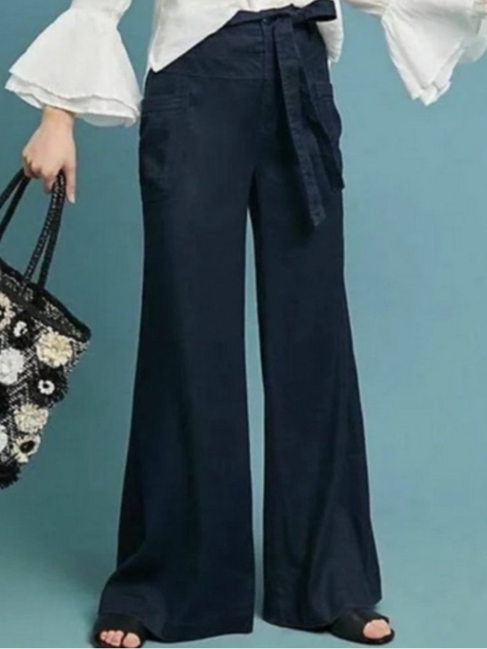Anthropologie Tie-Waist Linen Wide Leg Belted Navy Blue Linen Trouser Pants